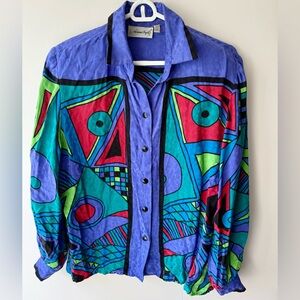 VTG 80s Adrianna Papell Purple Geometric Silk Blouse Size 12